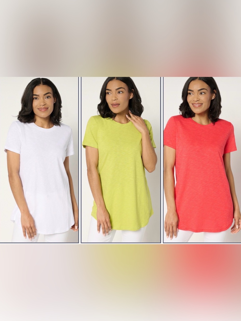Denim & Co. Essentials Petite Linen Blend 3-Pack Tunics Sz XLP White/Lime/Coral